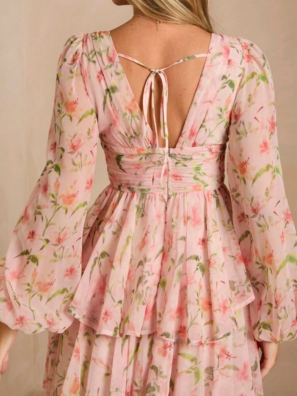Baby Pink Boho Women's Romantic Floral Print V-Neck Long Sleeve Mini Dress - Picture 5 of 7